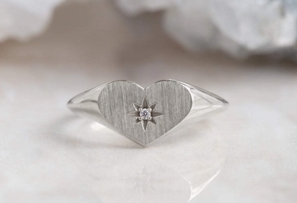 Sweetheart Diamond Signet Ring-14k White Gold