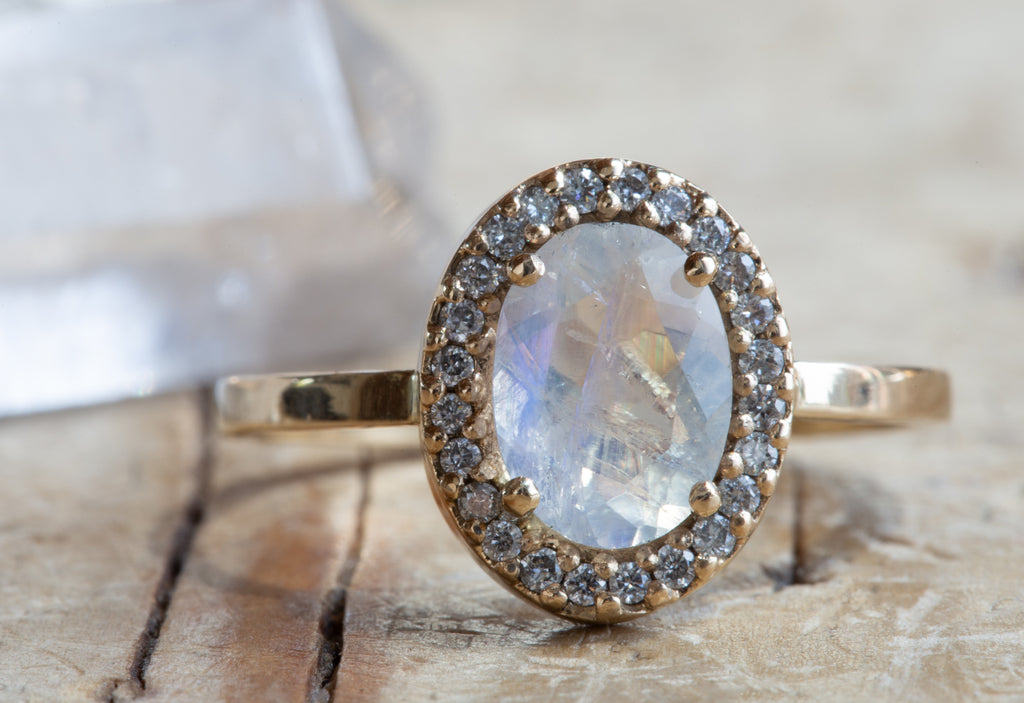 Natural Oval-cut Moonstone Ring with Pavé Diamond Halo