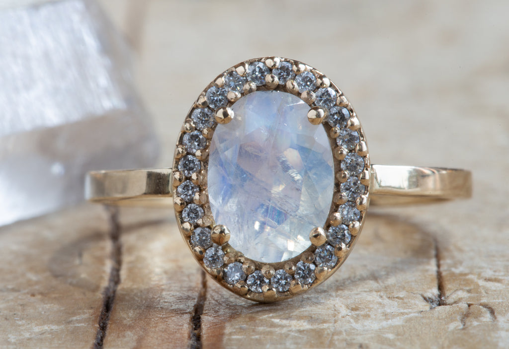 Natural Oval-cut Moonstone Ring with Pavé Diamond Halo