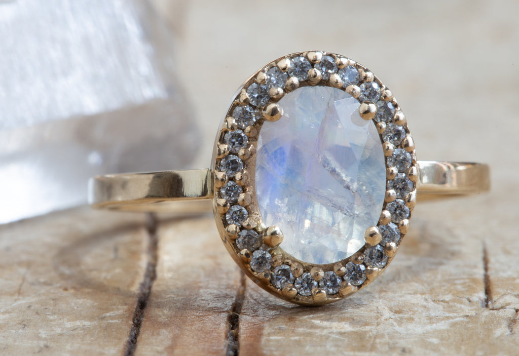 Natural Oval-cut Moonstone Ring with Pavé Diamond Halo