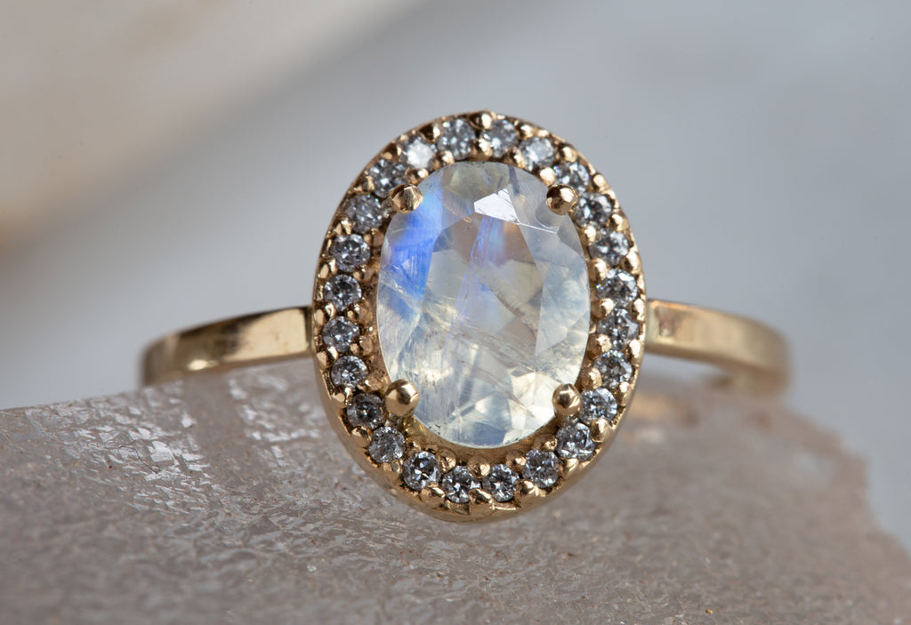 Natural Oval-cut Moonstone Ring with Pavé Diamond Halo