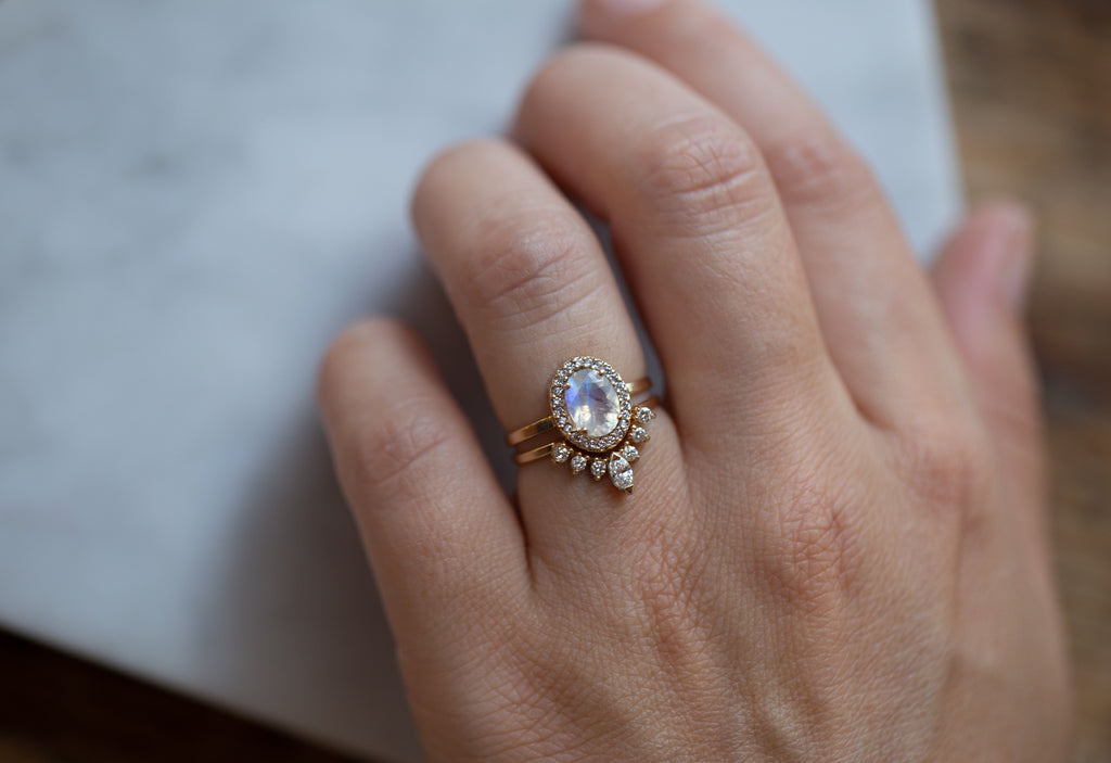 Natural Oval-cut Moonstone Ring with Pavé Diamond Halo