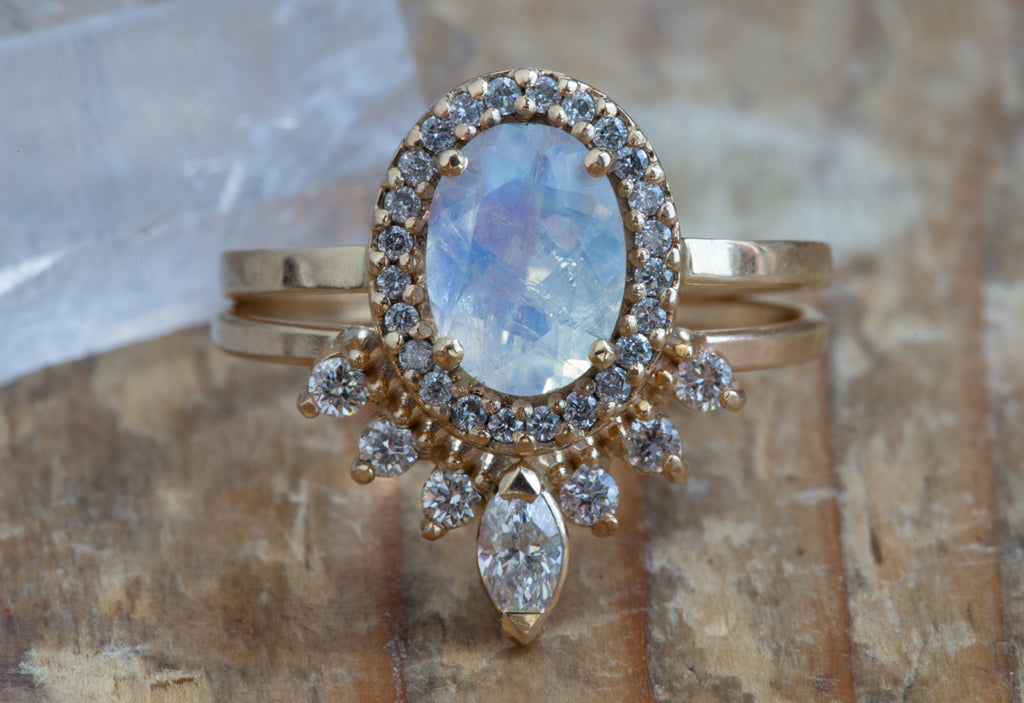 Natural Oval-cut Moonstone Ring with Pavé Diamond Halo