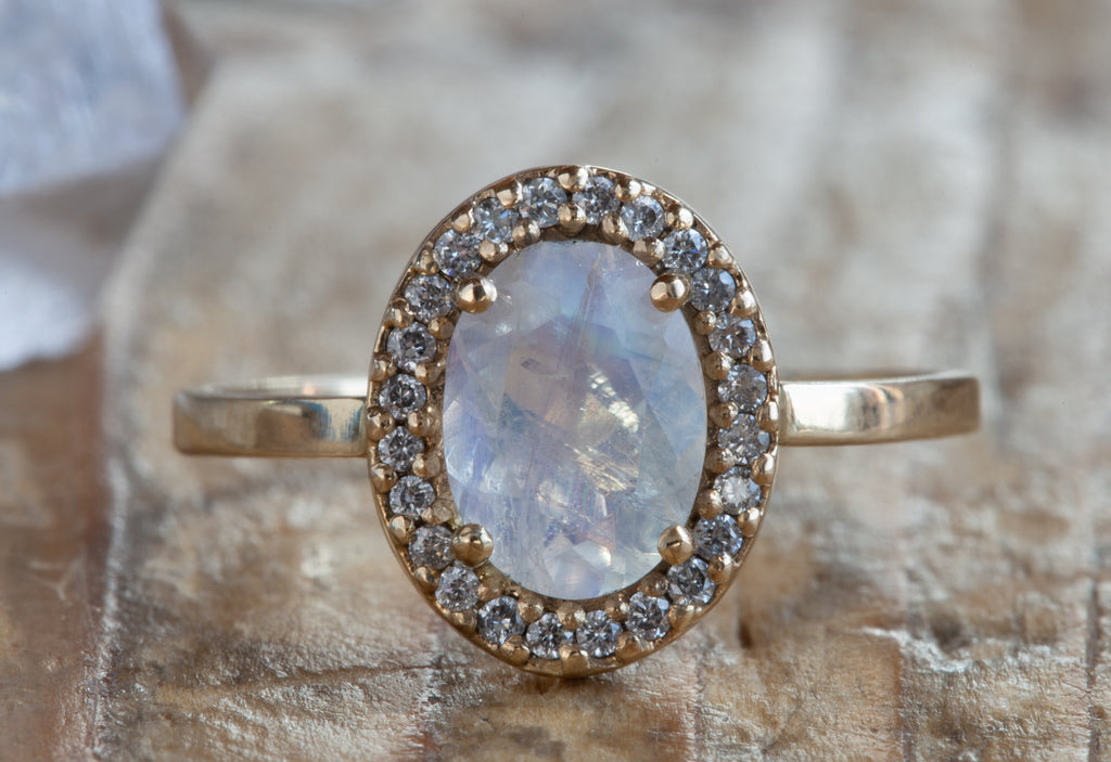 Natural Oval-cut Moonstone Ring with Pavé Diamond Halo