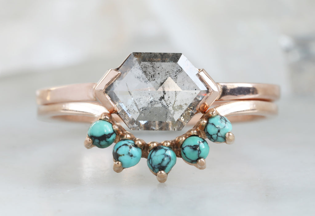 One Of A Kind Salt + Pepper Hexagon Diamond Engagement Ring with Turquoise Sunburst Stacking Band