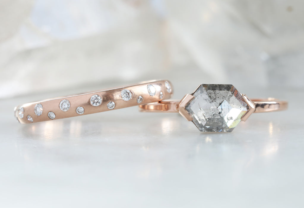 One Of A Kind Salt + Pepper Hexagon Diamond Engagement Ring with Stacking Band