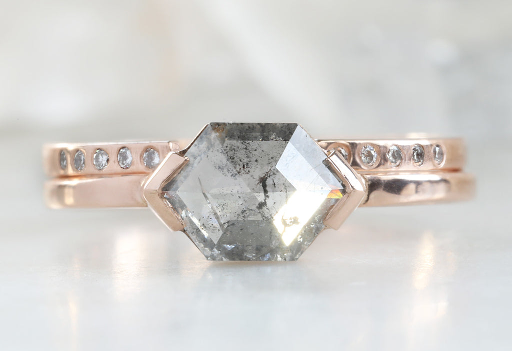 One Of A Kind Salt + Pepper Hexagon Diamond Engagement Ring with Open Cuff Flush Diamond Stacking Band