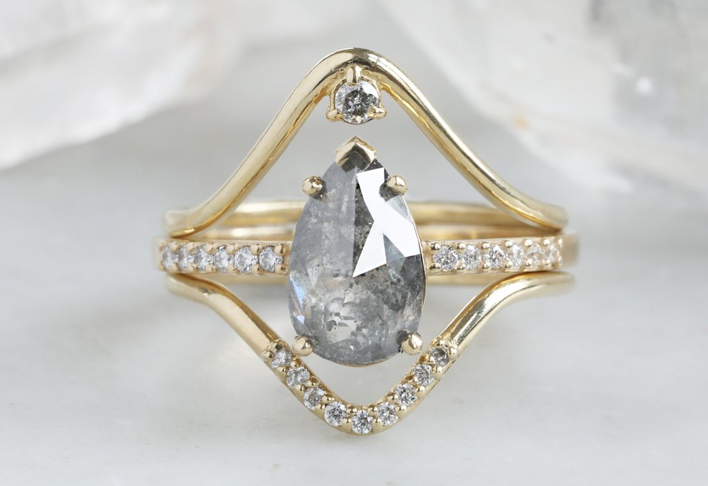 Yellow Gold Peak Diamond Stacking Ring stacked with grey diamond engagement ring