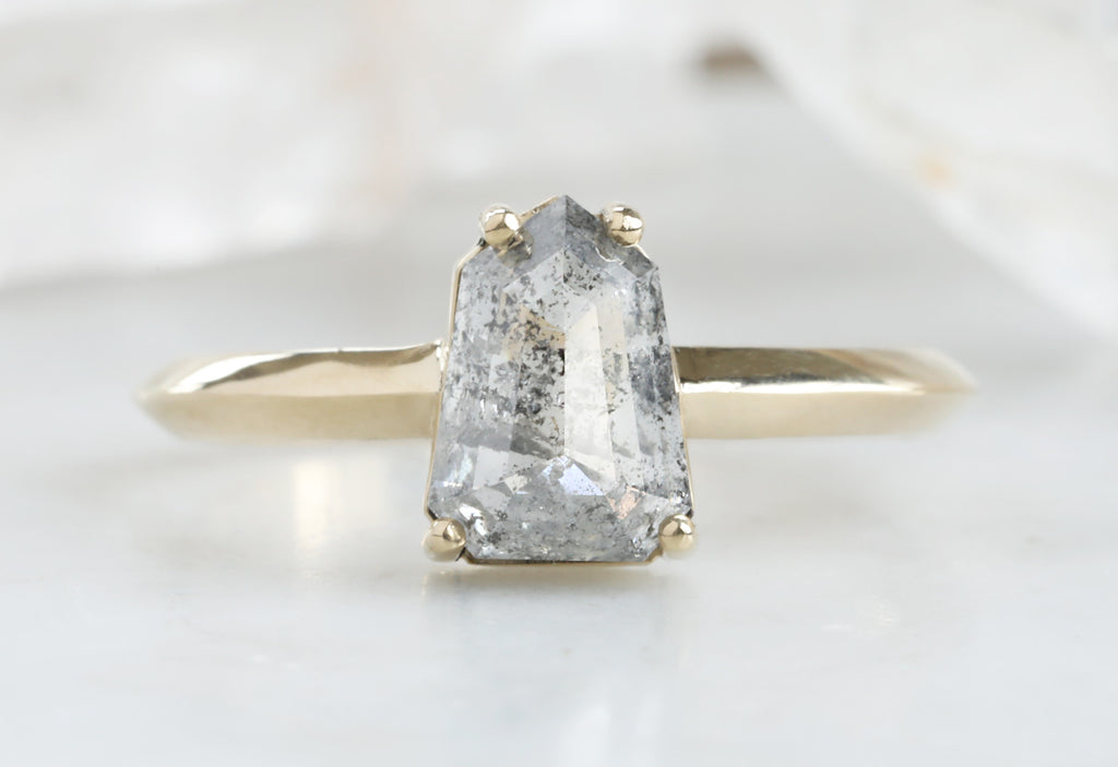 One Of A Kind Geometric Salt + Pepper Diamond Engagement Ring with Knife Edge Band