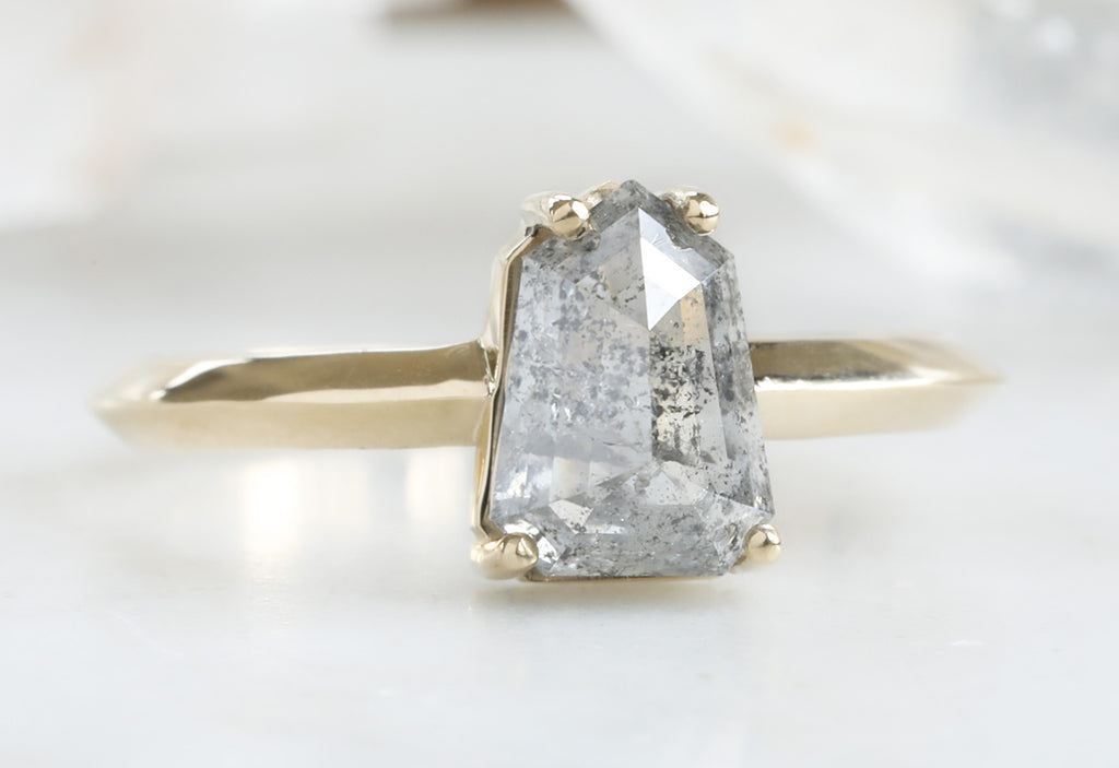 One Of A Kind Geometric Salt + Pepper Diamond Engagement Ring with Knife Edge Band
