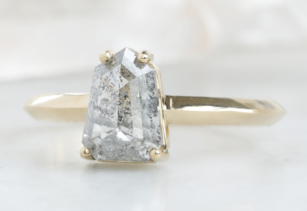 One Of A Kind Geometric Salt + Pepper Diamond Engagement Ring with Knife Edge Band