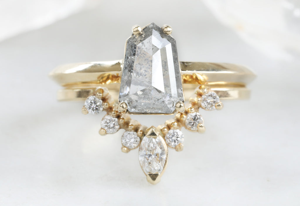 One Of A Kind Geometric Salt + Pepper Diamond Engagement Ring with Knife Edge Band