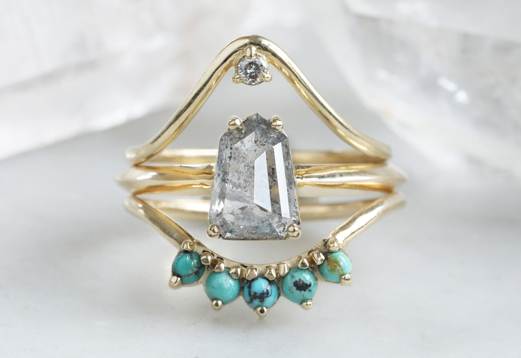 One Of A Kind Geometric Salt + Pepper Diamond Engagement Ring with Knife Edge Band