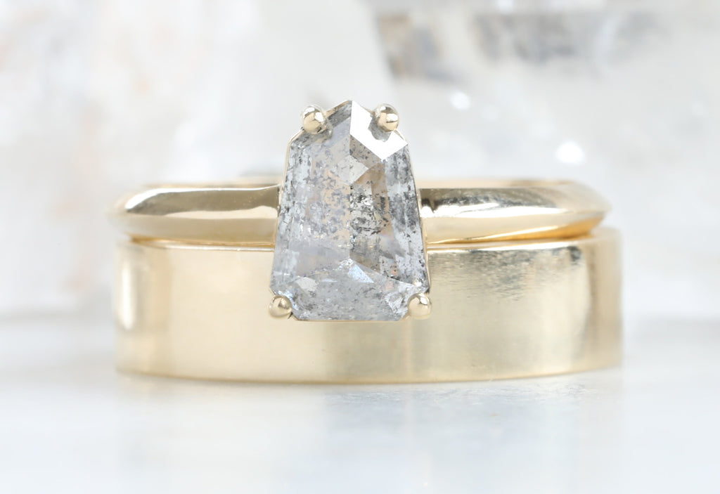 One Of A Kind Geometric Salt + Pepper Diamond Engagement Ring with Knife Edge Band