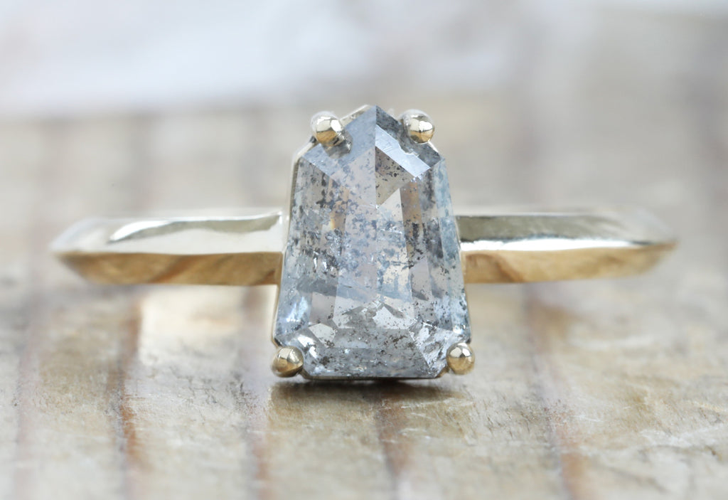 One Of A Kind Geometric Salt + Pepper Diamond Engagement Ring with Knife Edge Band