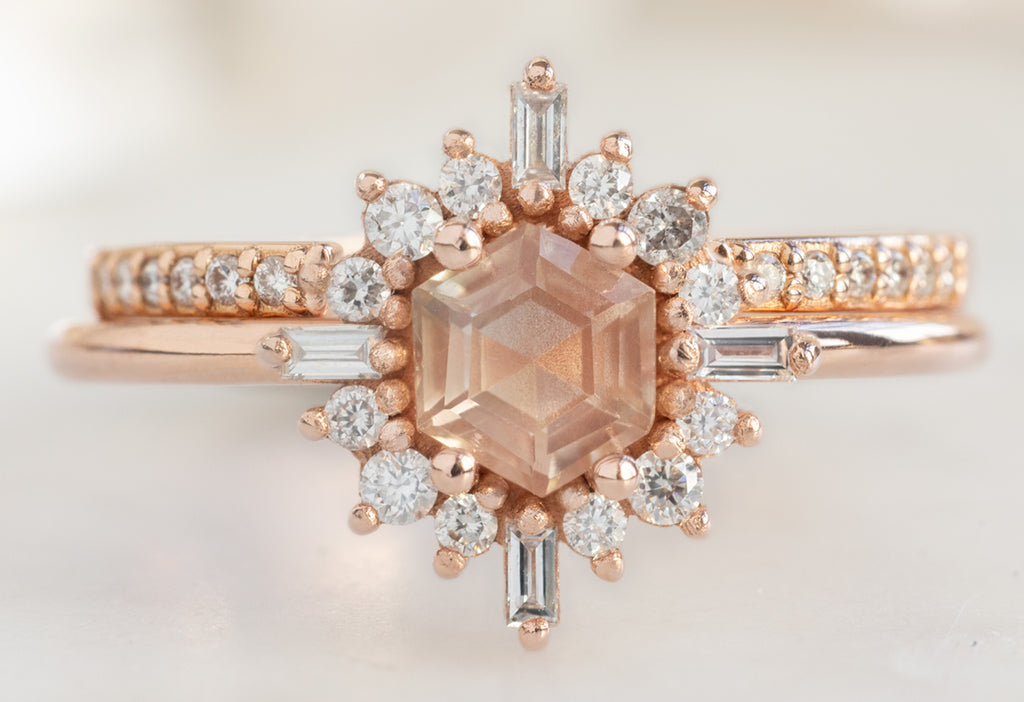 The Compass Ring with a Hexagon-Cut Sunstone with Open Cuff Pavé Diamond Stacking Band