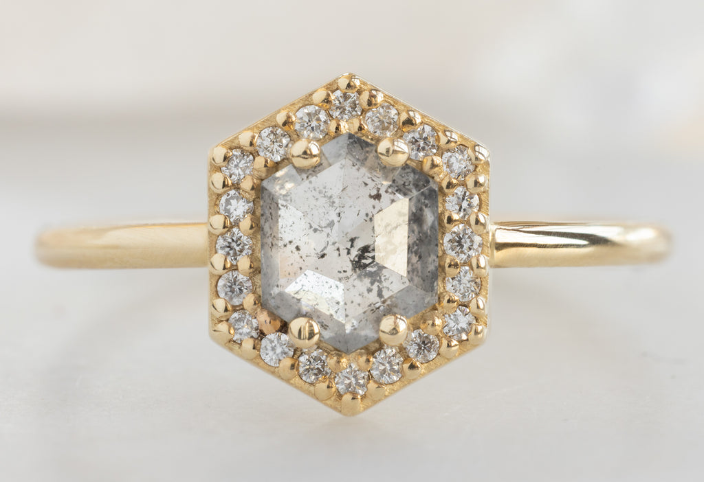 The Dahlia Ring with a Salt and Pepper Hexagon Diamond