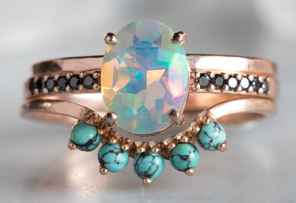 Australian Opal + Grey Diamond Sunburst Engagement Ring