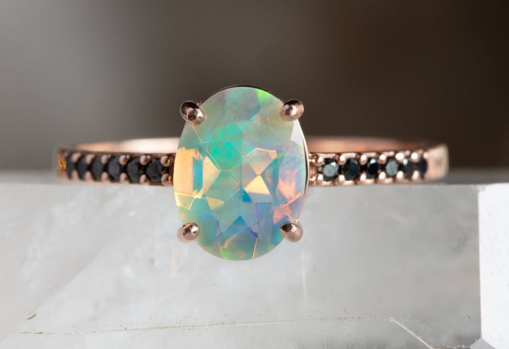 Australian Opal + Grey Diamond Sunburst Engagement Ring
