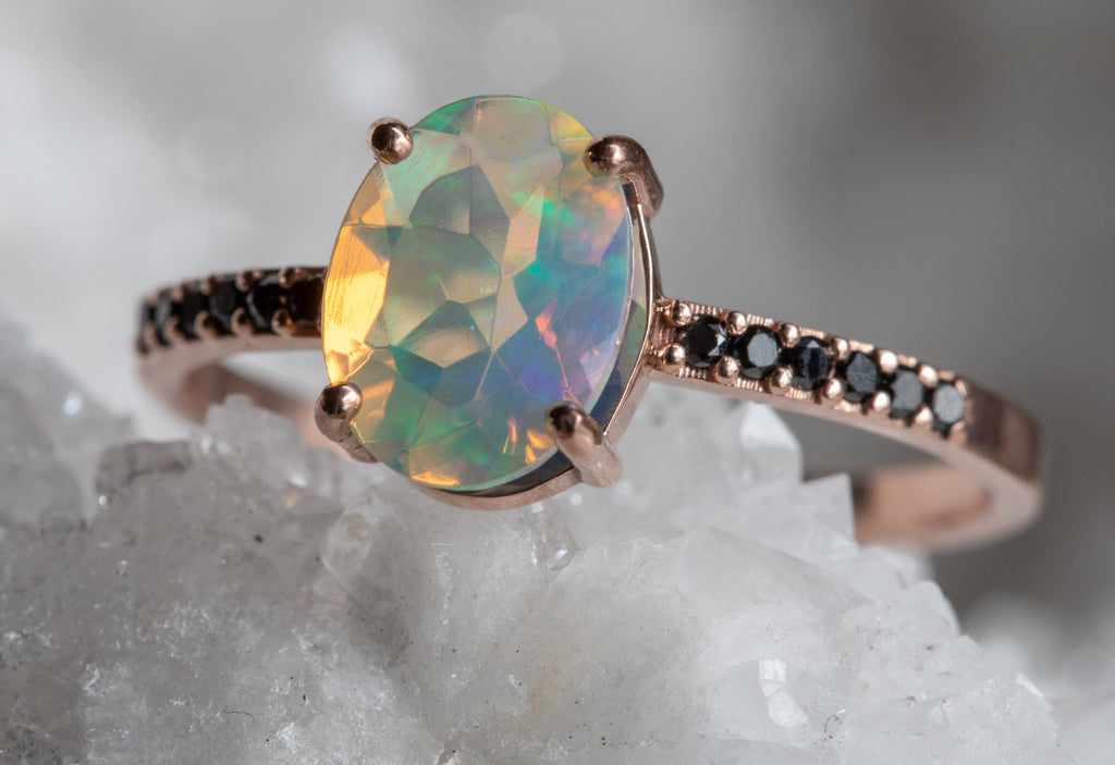 Australian Opal + Grey Diamond Sunburst Engagement Ring