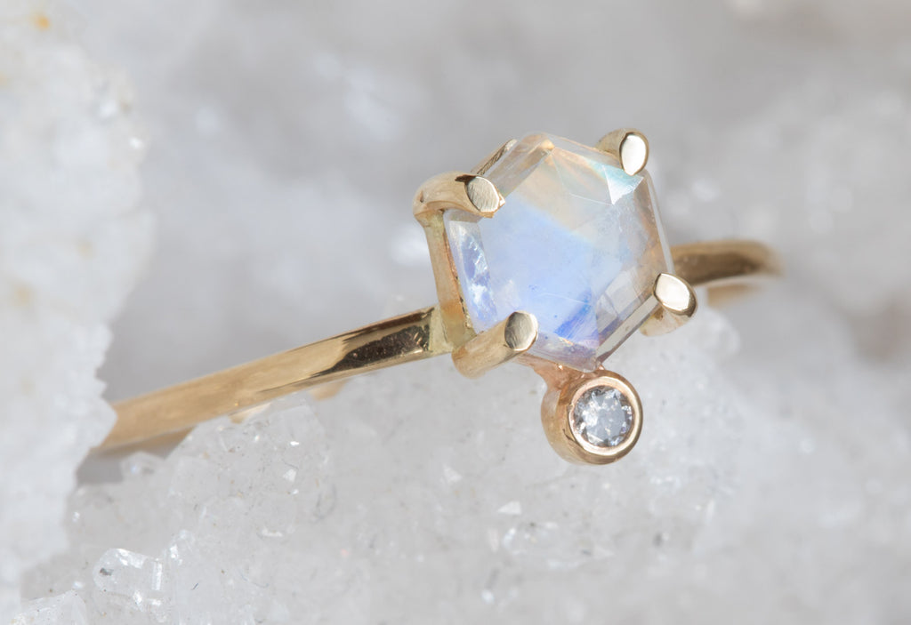 Hexagon Moonstone + Diamond Ring