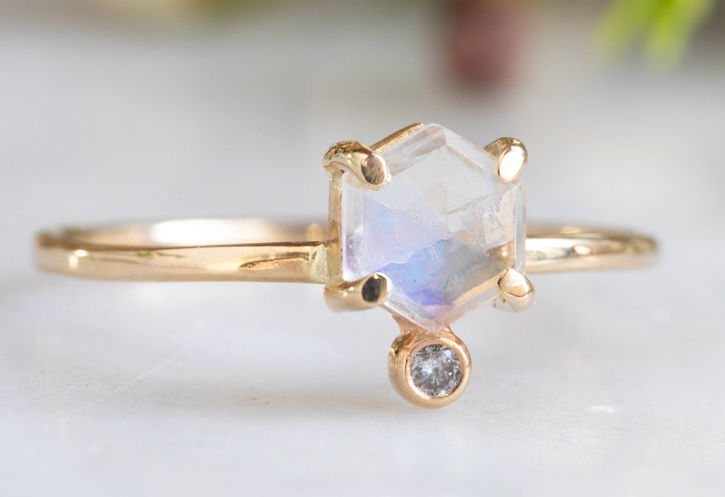 Hexagon Moonstone + Diamond Ring