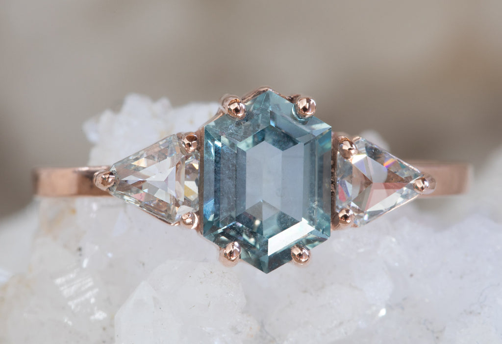 One Of A Kind Montana Sapphire Engagement Ring with Side Trillions