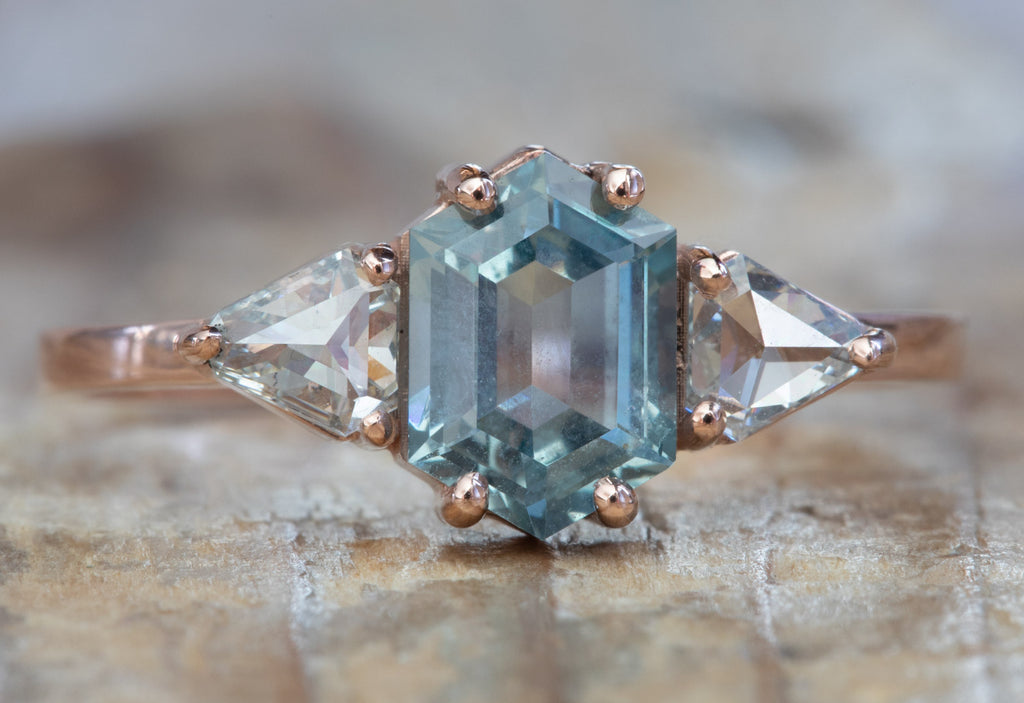 One Of A Kind Montana Sapphire Engagement Ring with Side Trillions