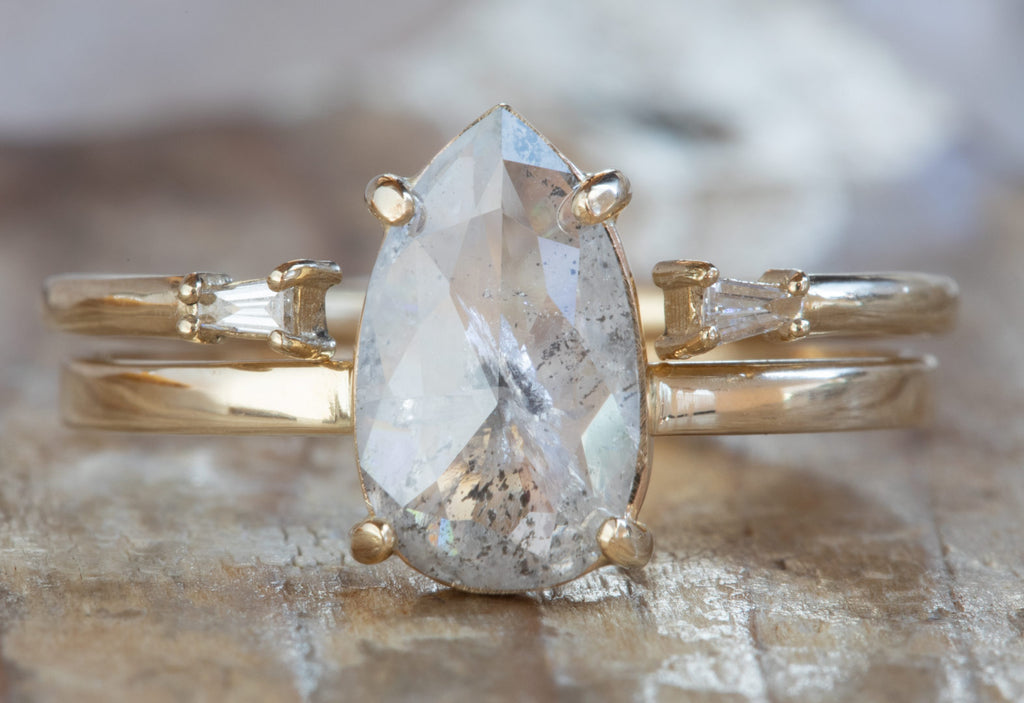One of a Kind Rose Cut Salt & Pepper Diamond Engagement Ring With STacking Band