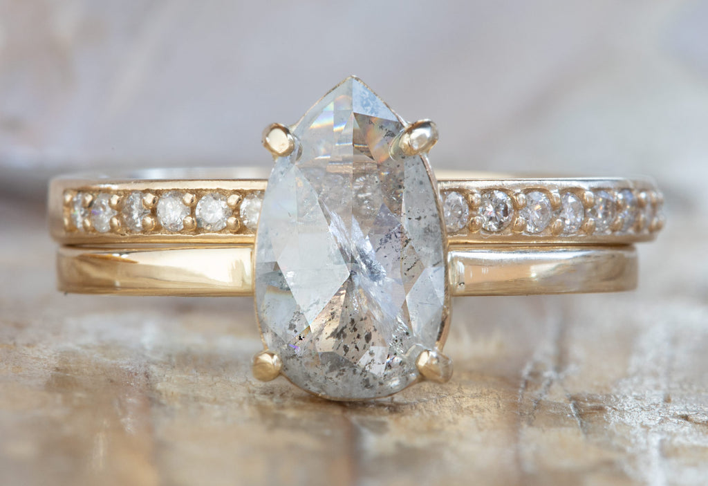One of a Kind Rose Cut Salt & Pepper Diamond Engagement Ring With STacking Band
