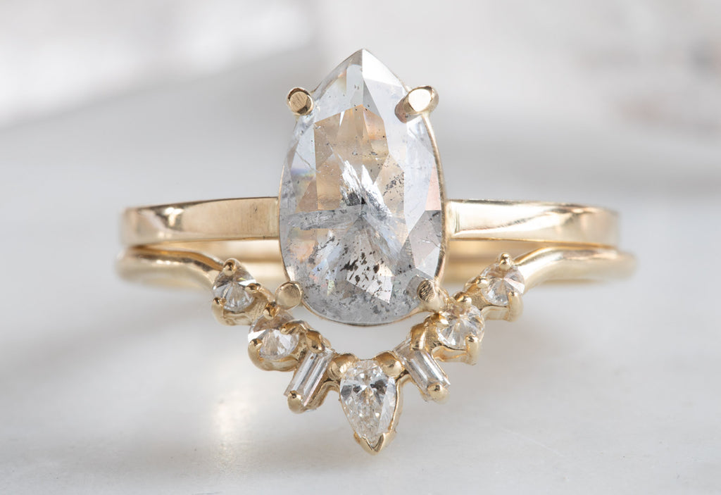 One of a Kind Rose Cut Salt & Pepper Diamond Engagement Ring With STacking Band