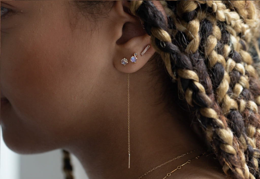 Moonstone Hexagon and Diamond Stud Earrings Stacked on Model