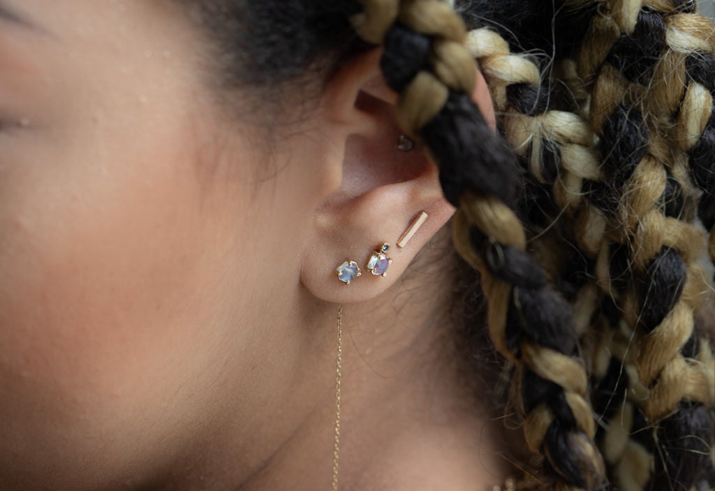 Hexagon Moonstone Threader Earrings on Model Closeup
