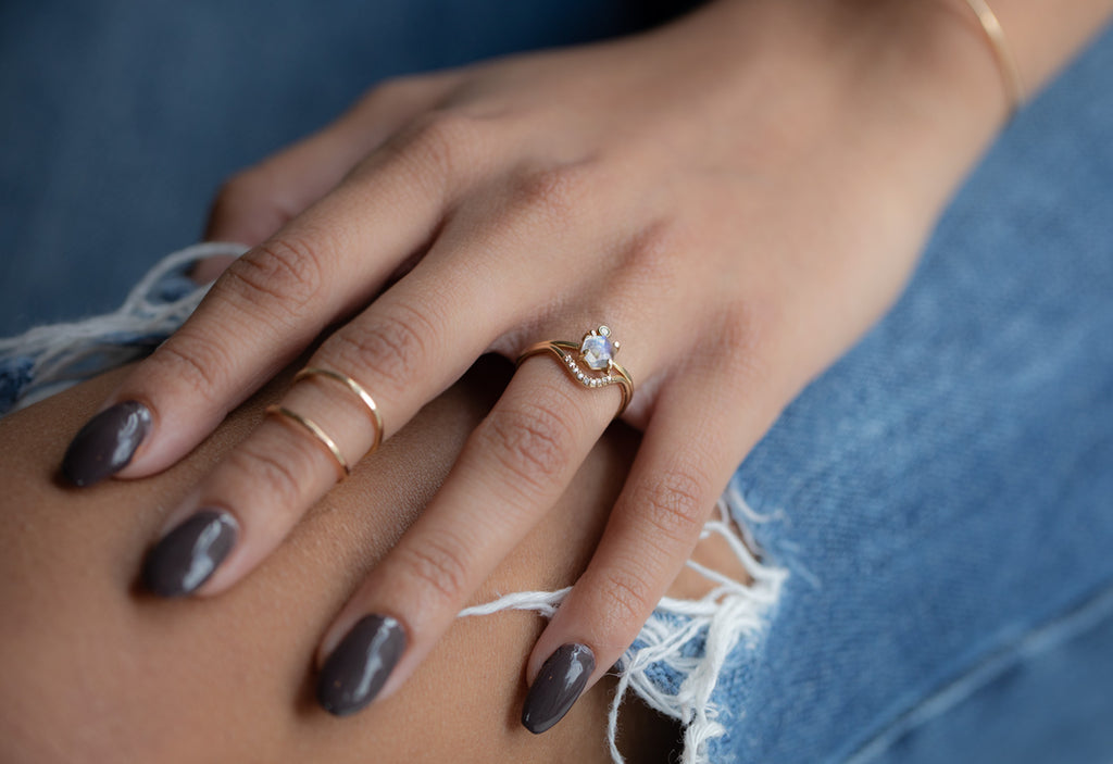 Hexagon Moonstone + Diamond Ring