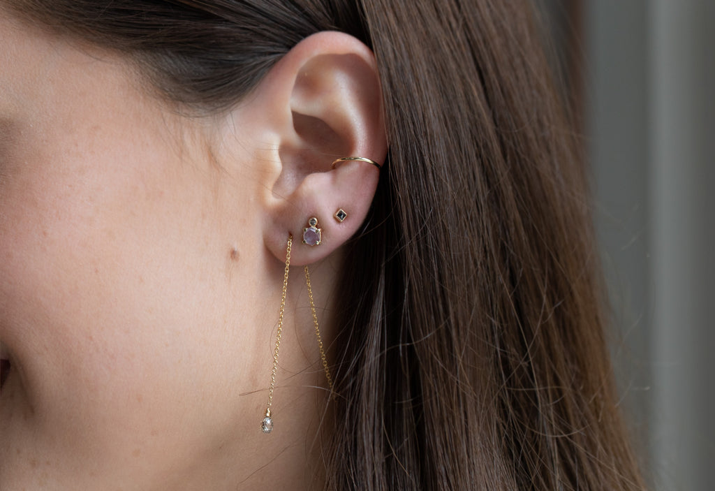 simple diamond drop threader earrings on model
