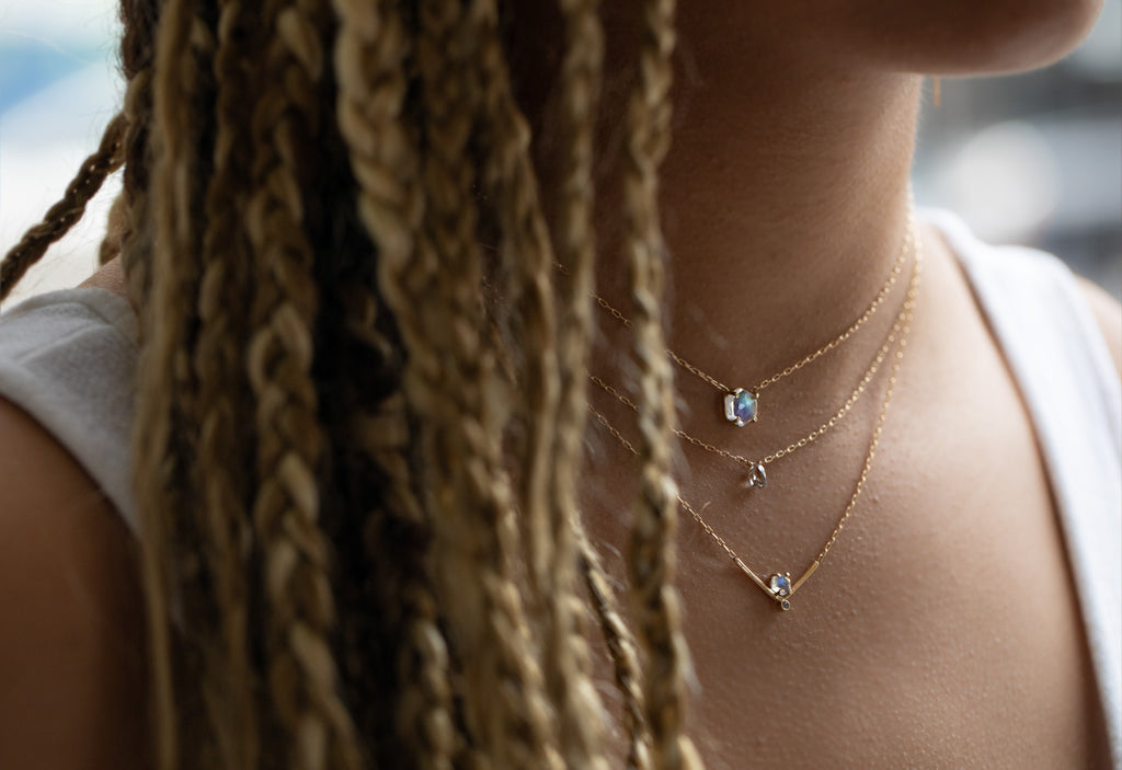 Rose Cut Moonstone Hexagon Necklace Layered on model