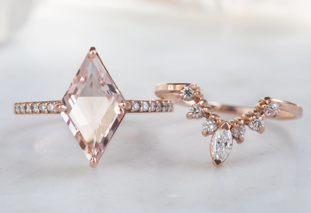 One of a Kind Geometric Morganite Engagement Ring with Pavé Diamond Band