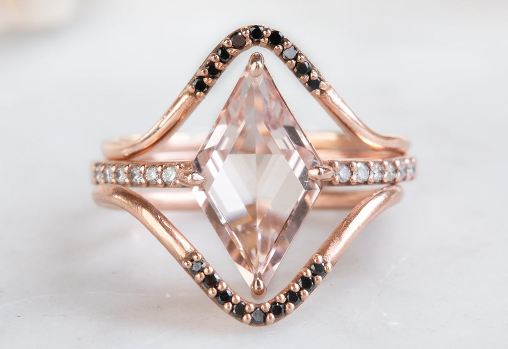 One of a Kind Geometric Morganite Engagement Ring with Pavé Diamond Band