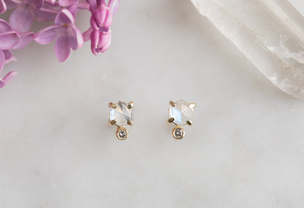 Moonstone Hexagon + Diamond Stud Earrings with pink flowers surrounding