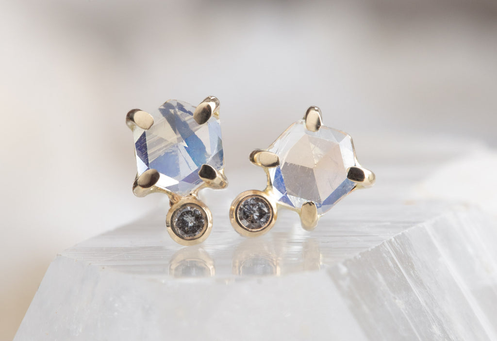 Moonstone Hexagon + Diamond Stud Earrings on white crystal