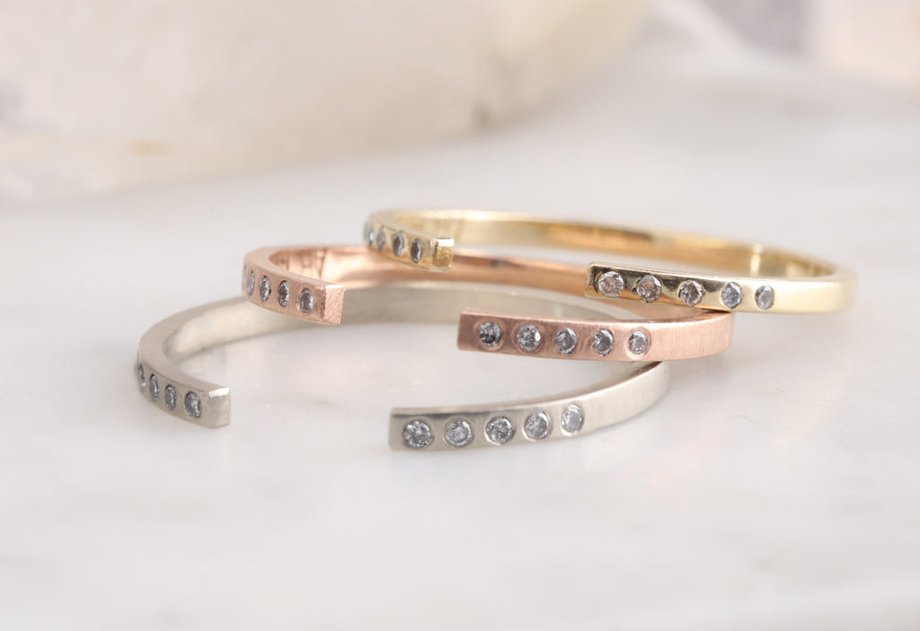 Three Open Cuff Flush Set Pavé Diamond Bands in each metal option