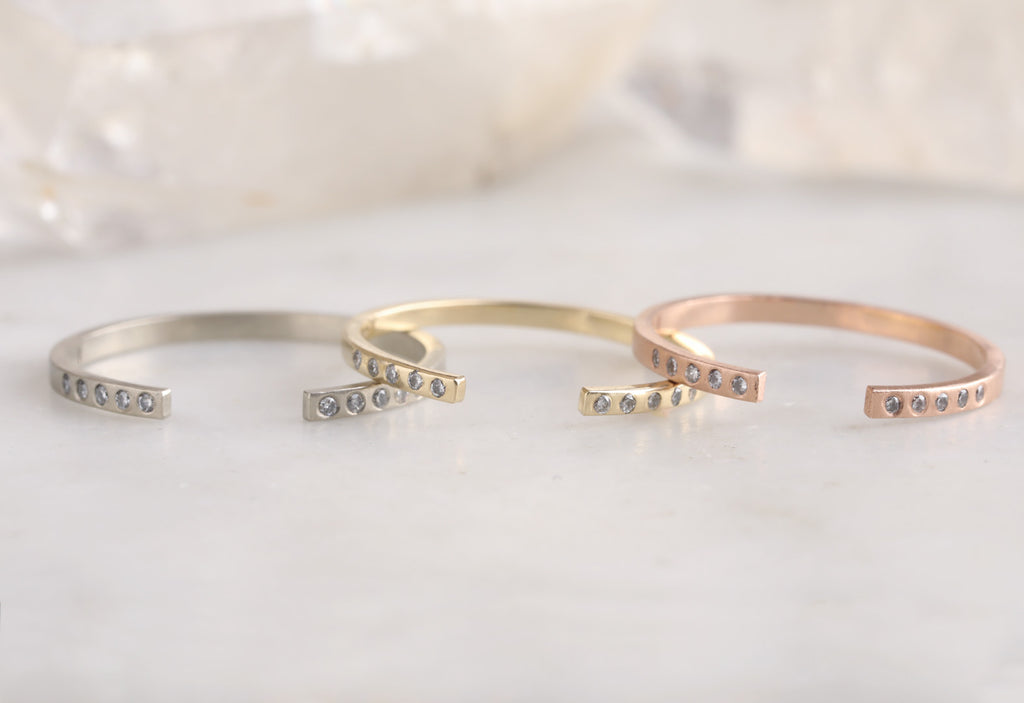 White, Yellow and Rose Gold Open Cuff Flush Set Pavé Diamond Bands