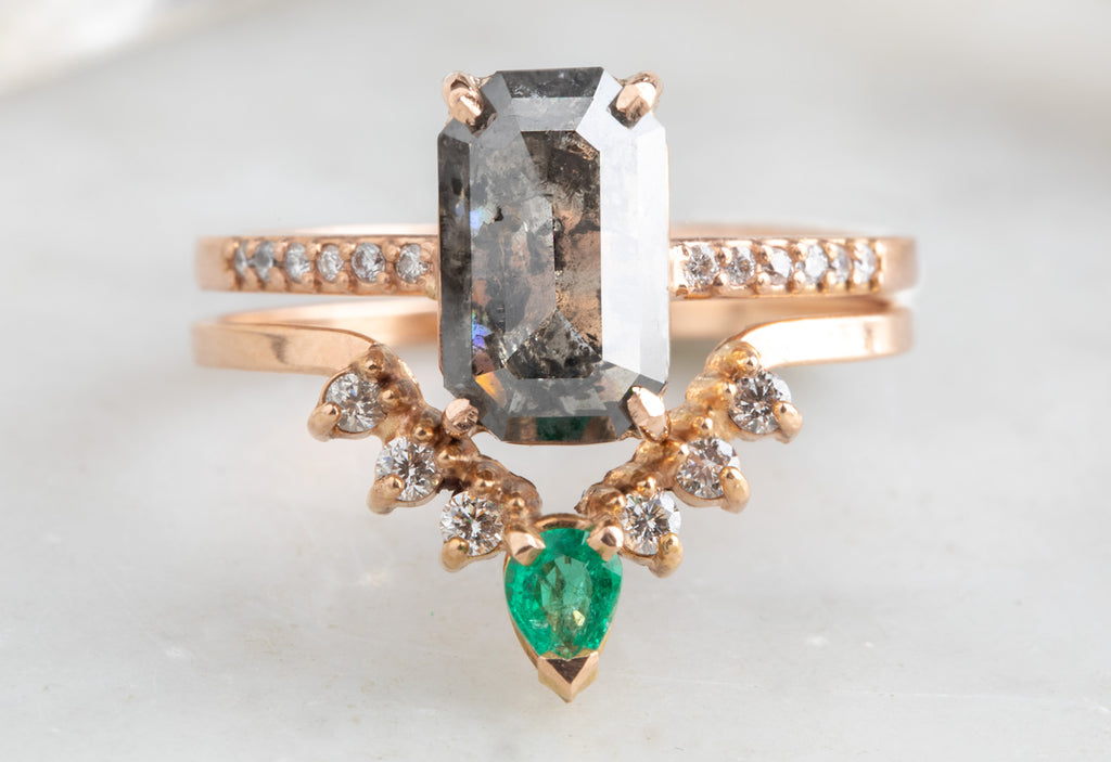 Emerald Cut Black Diamond Engagement Ring with Pavé Band