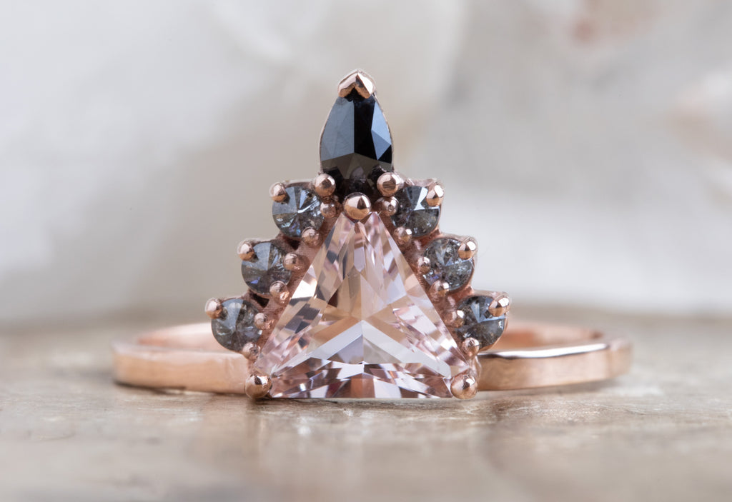 One of a Kind Morganite Trillion Engagement Ring with Black Diamond Sunburst