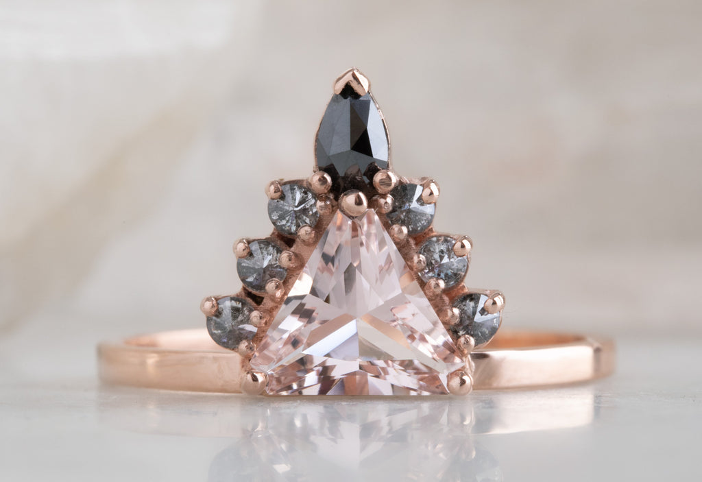 One of a Kind Morganite Trillion Engagement Ring with Black Diamond Sunburst