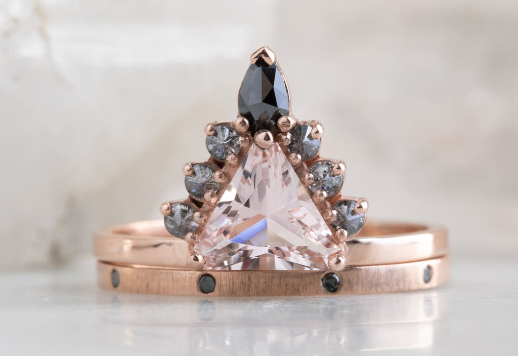 One of a Kind Morganite Trillion Engagement Ring with Black Diamond Sunburst