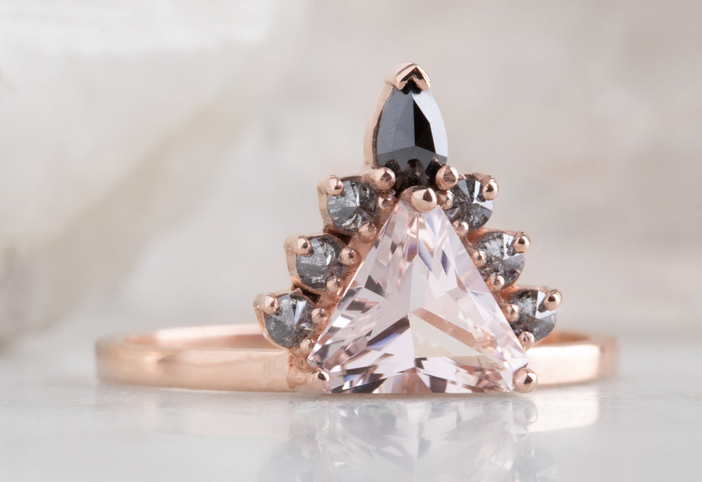 One of a Kind Morganite Trillion Engagement Ring with Black Diamond Sunburst