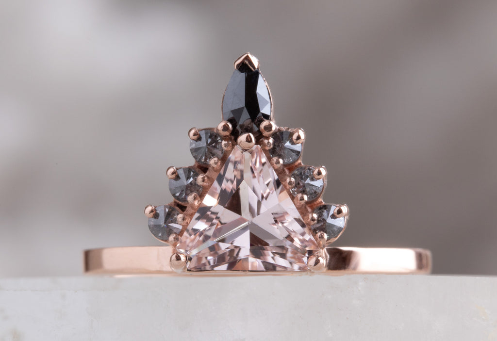 One of a Kind Morganite Trillion Engagement Ring with Black Diamond Sunburst