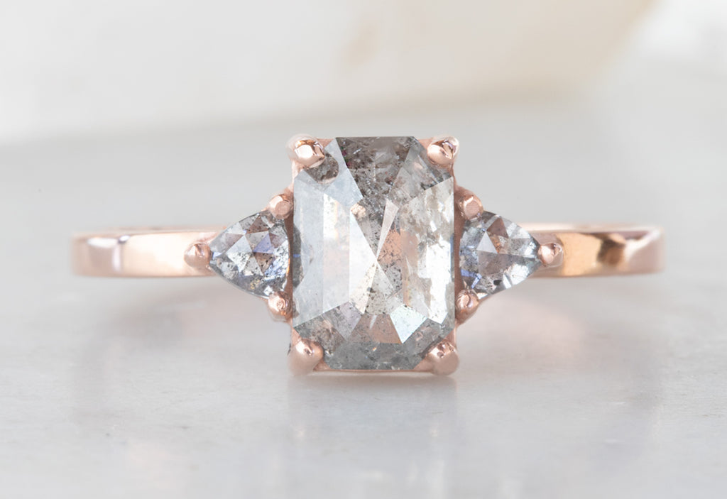 Emerald Cut Salt + Pepper Diamond Engagement Ring with Side Trillions