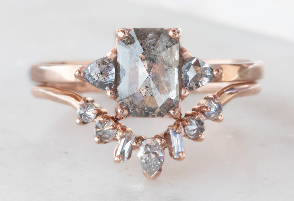 Emerald Cut Salt + Pepper Diamond Engagement Ring with Side Trillions